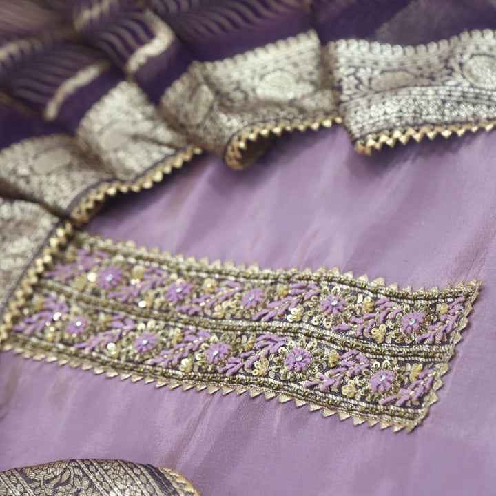 Nushrat Peri Purple Patch with French Knot Work Shimmer Tissue Suit Set