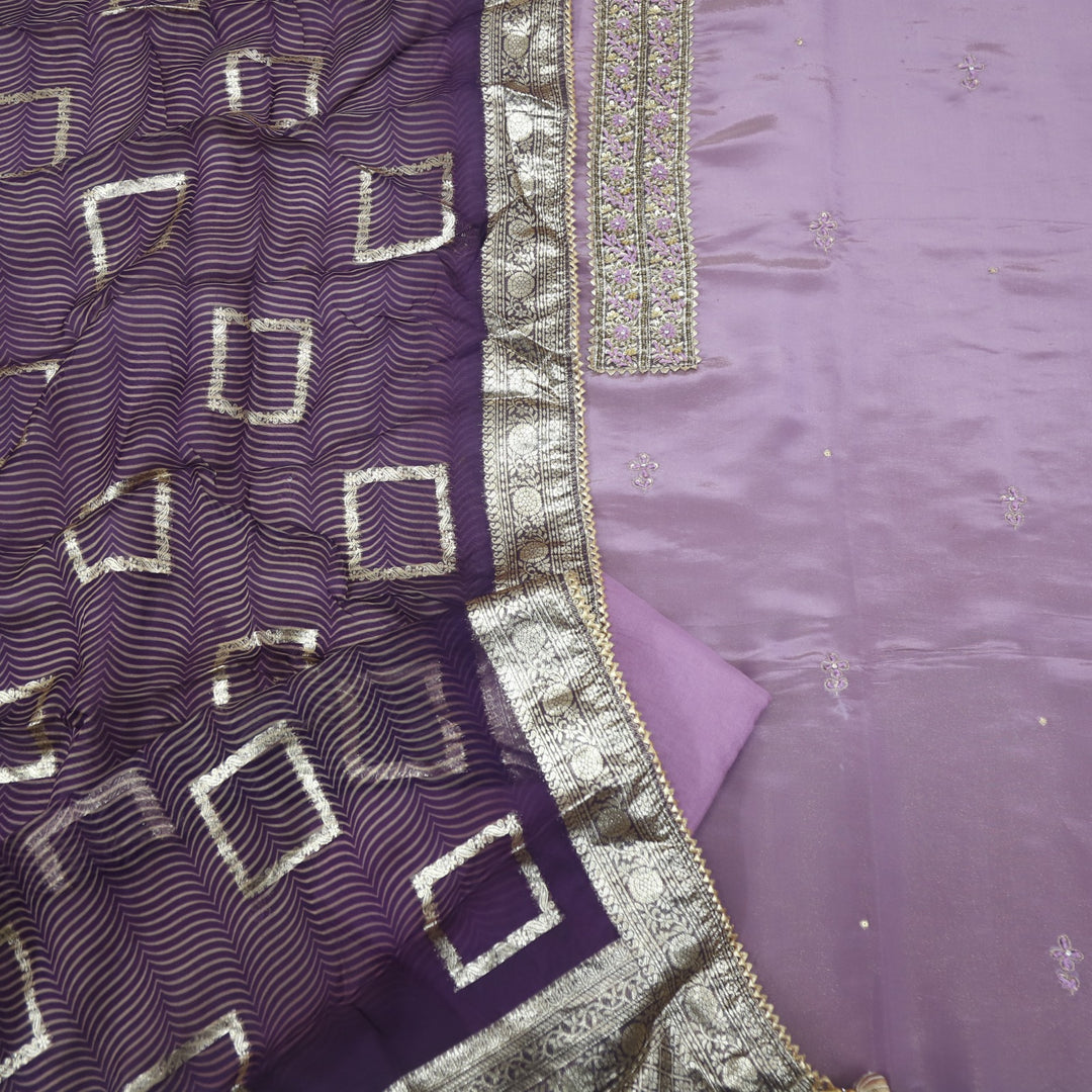 Nushrat Peri Purple Patch with French Knot Work Shimmer Tissue Suit Set