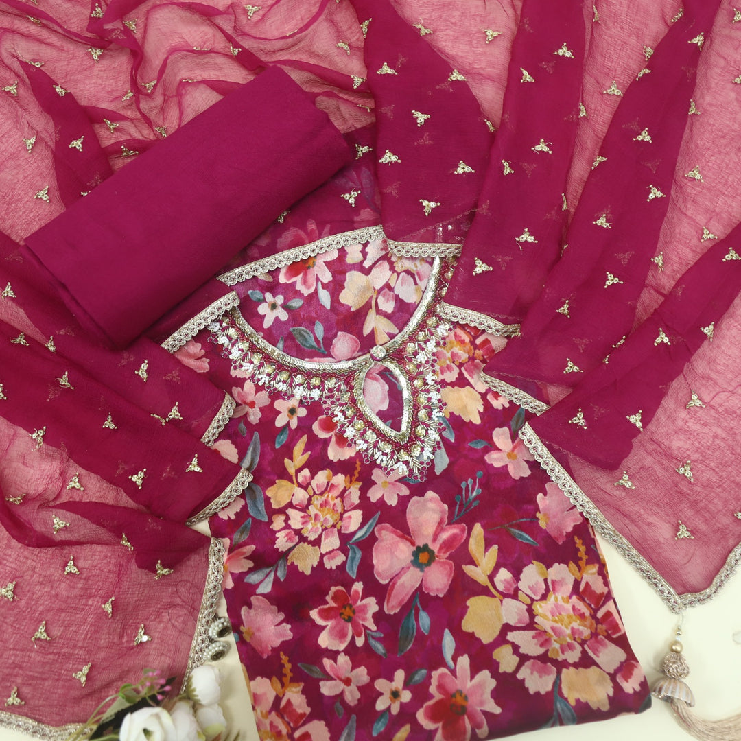 Nushrat Jam Purple Moti Work with Sequence Floral Printed Chinon Suit Set