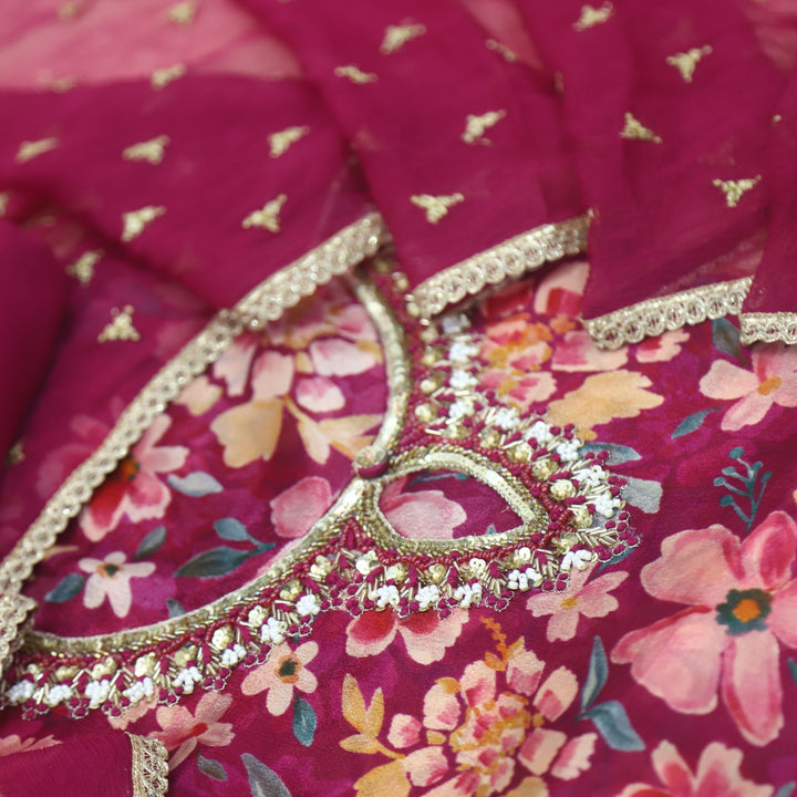 Nushrat Jam Purple Moti Work with Sequence Floral Printed Chinon Suit Set