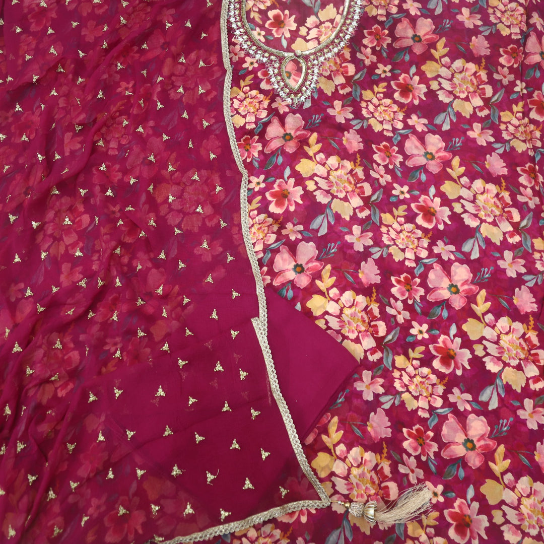 Nushrat Jam Purple Moti Work with Sequence Floral Printed Chinon Suit Set