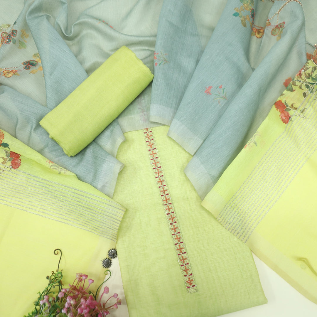 Nushrat Lime Green Kantha Embroidery Chanderi Suit Set
