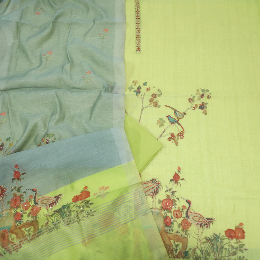 Nushrat Lime Green Kantha Embroidery Chanderi Suit Set