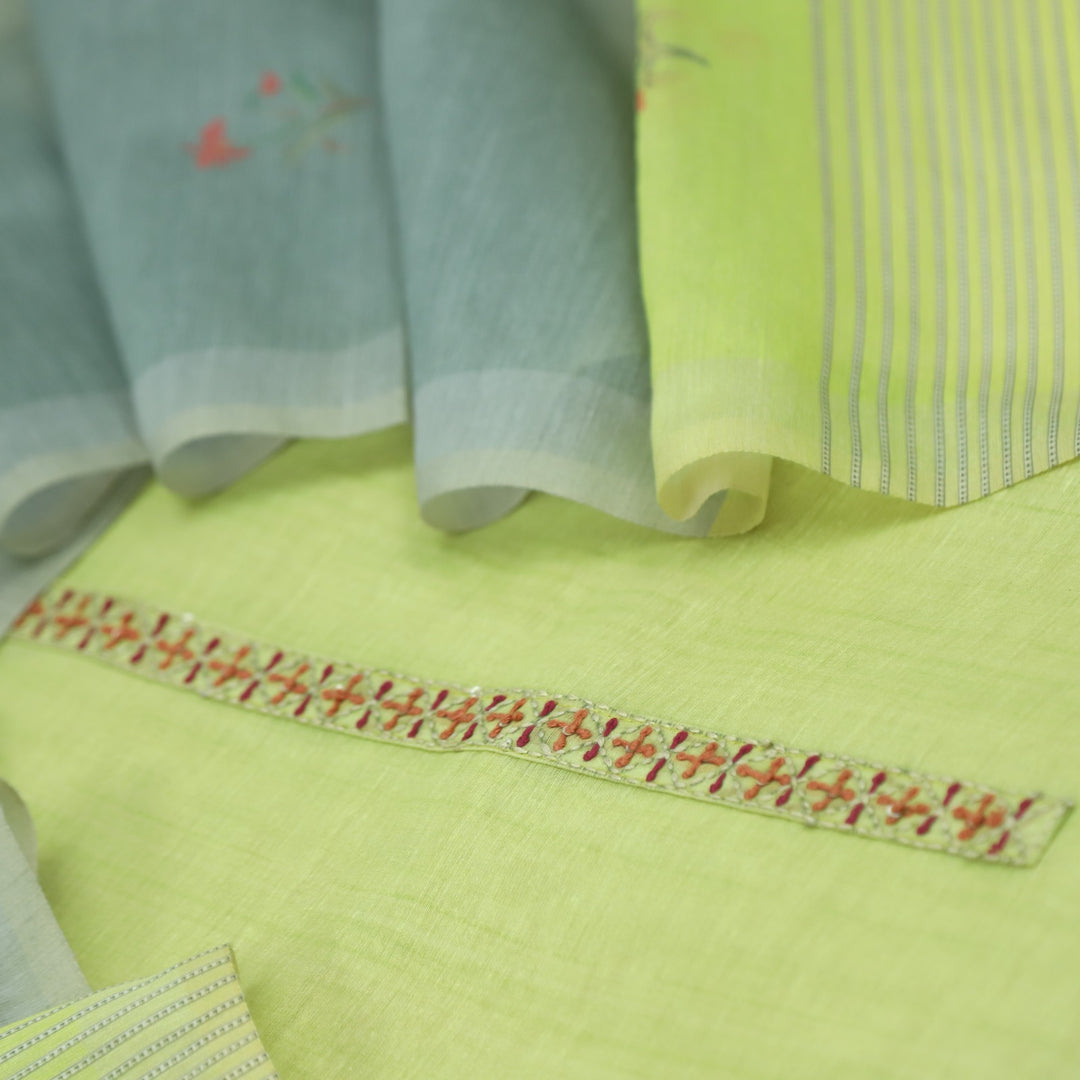 Nushrat Lime Green Kantha Embroidery Chanderi Suit Set