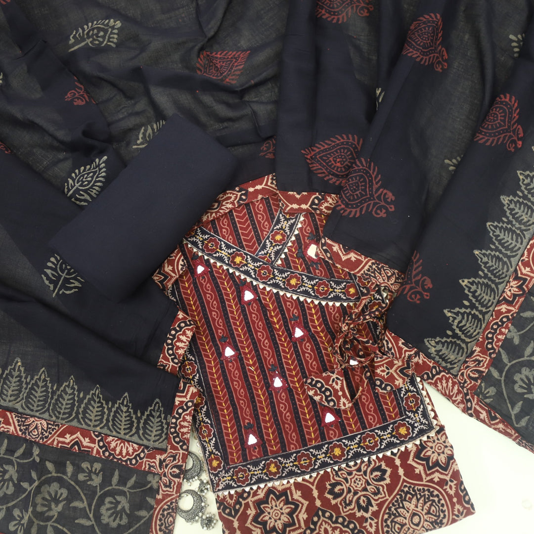 Khairiyat Cherry Red Kutch Angrakha Style Cotton Suit Set