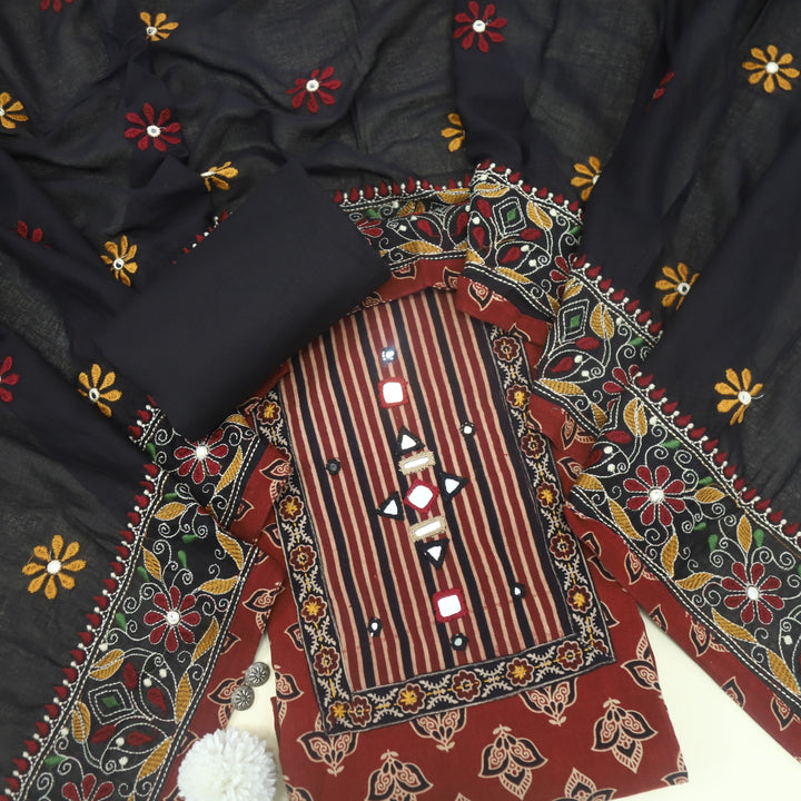 Khairiyat Garnet Red Kutch Work Cotton Suit Set