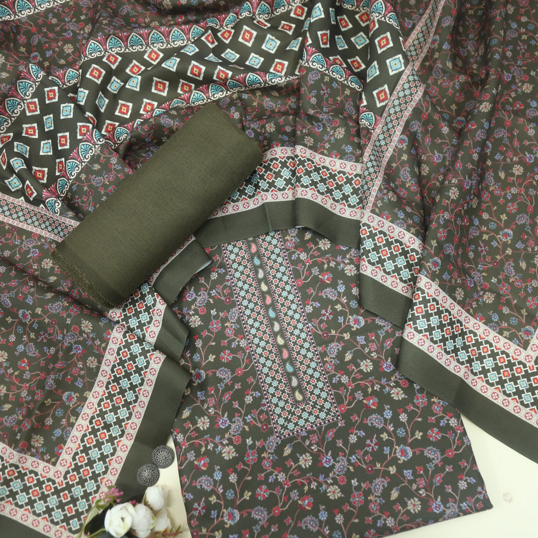 Ruhaan Mehandi Green  Floral Kanni Printed Semi Pashmina Suit Set