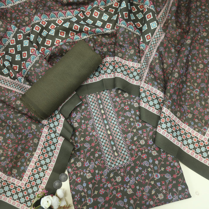 Ruhaan Mehandi Green  Floral Kanni Printed Semi Pashmina Suit Set
