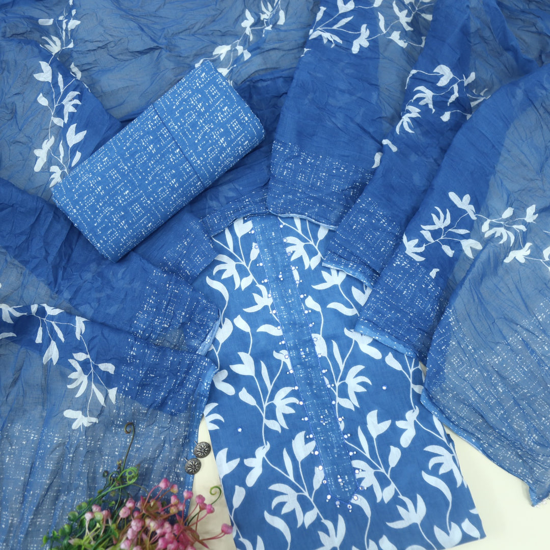 Takalluf Sapphire Blue Purple Floral Printed Cotton Suit Set