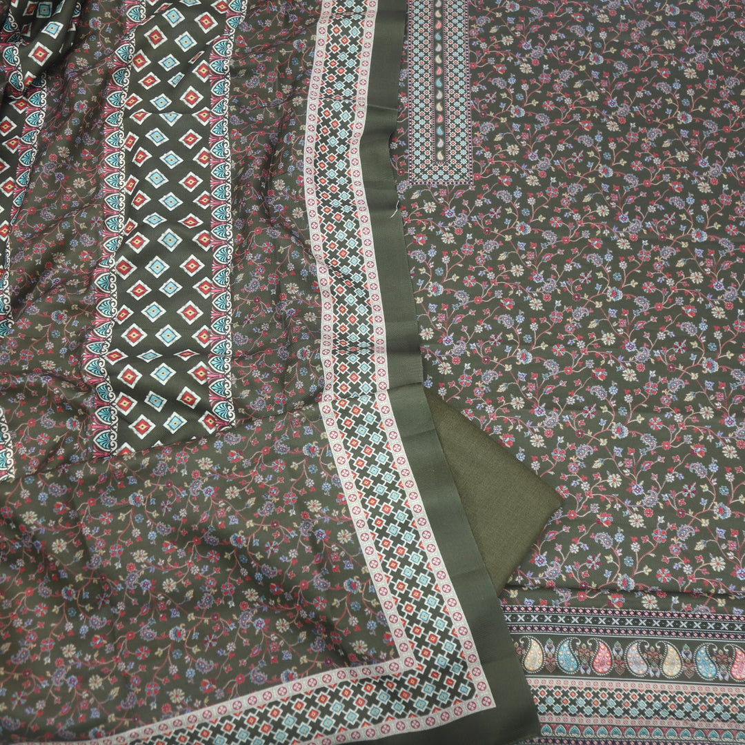 Ruhaan Mehandi Green  Floral Kanni Printed Semi Pashmina Suit Set