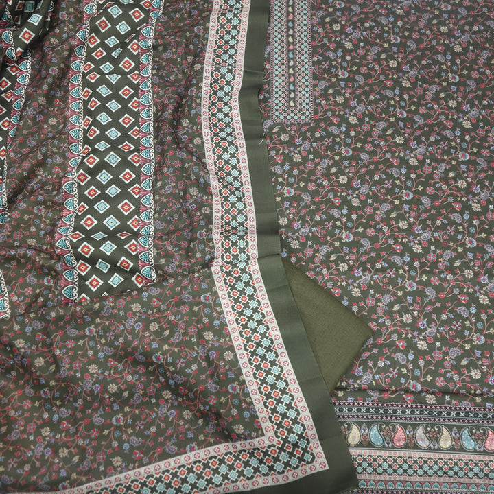 Ruhaan Mehandi Green  Floral Kanni Printed Semi Pashmina Suit Set