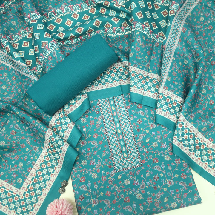 Ruhaan Primal Green  Floral Kanni Printed Semi Pashmina Suit Set