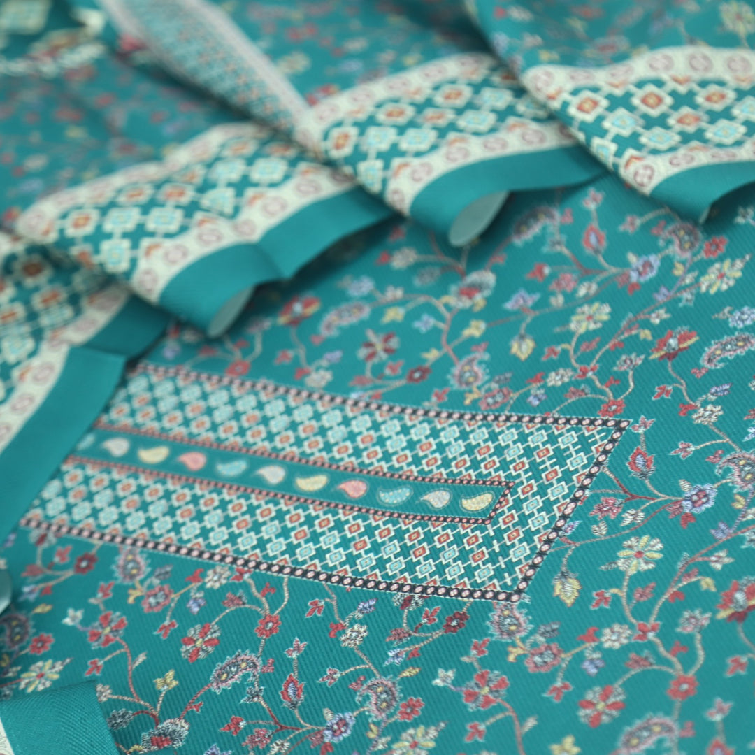 Ruhaan Primal Green  Floral Kanni Printed Semi Pashmina Suit Set