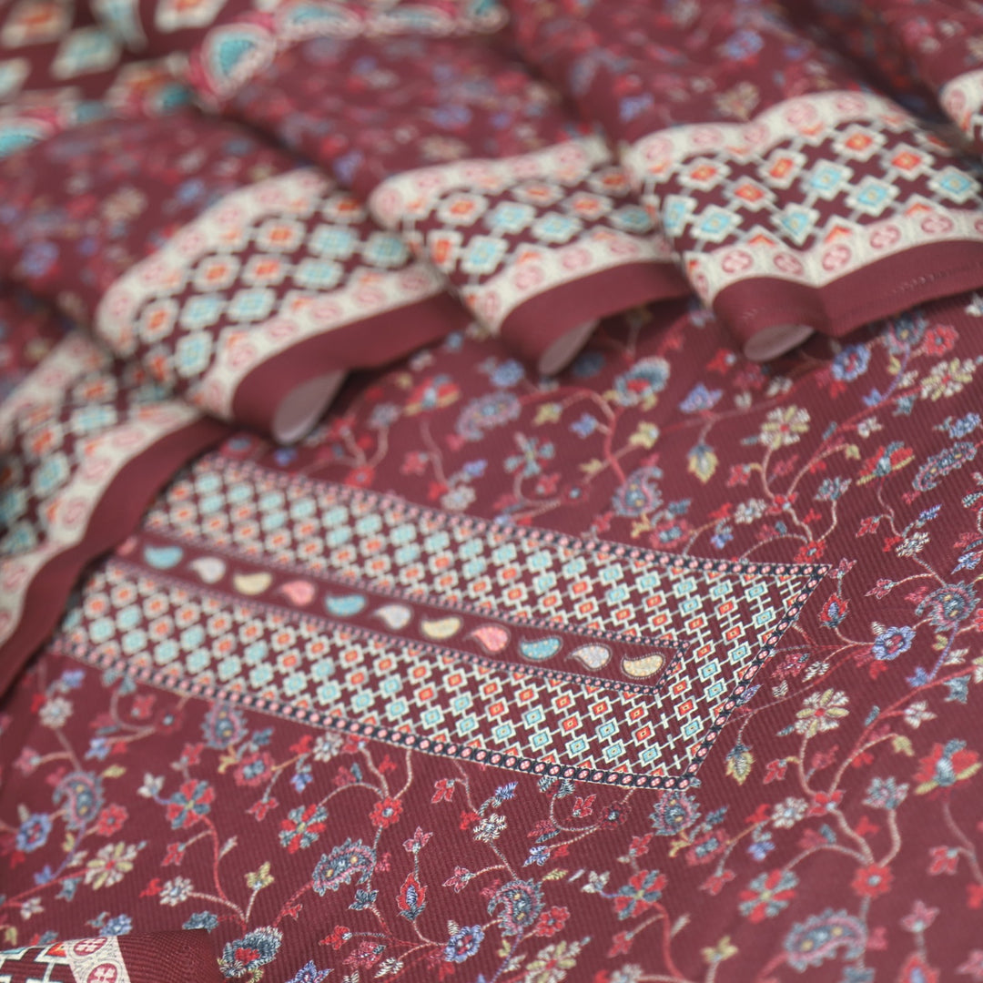 Ruhaan Merlot Red Floral Kanni Printed Semi Pashmina Suit Set