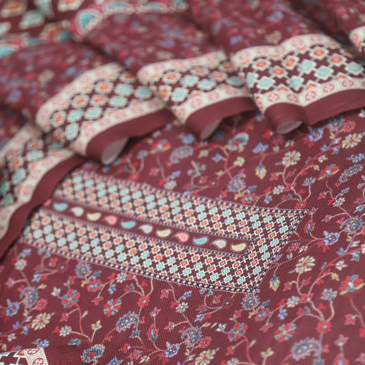 Ruhaan Merlot Red Floral Kanni Printed Semi Pashmina Suit Set