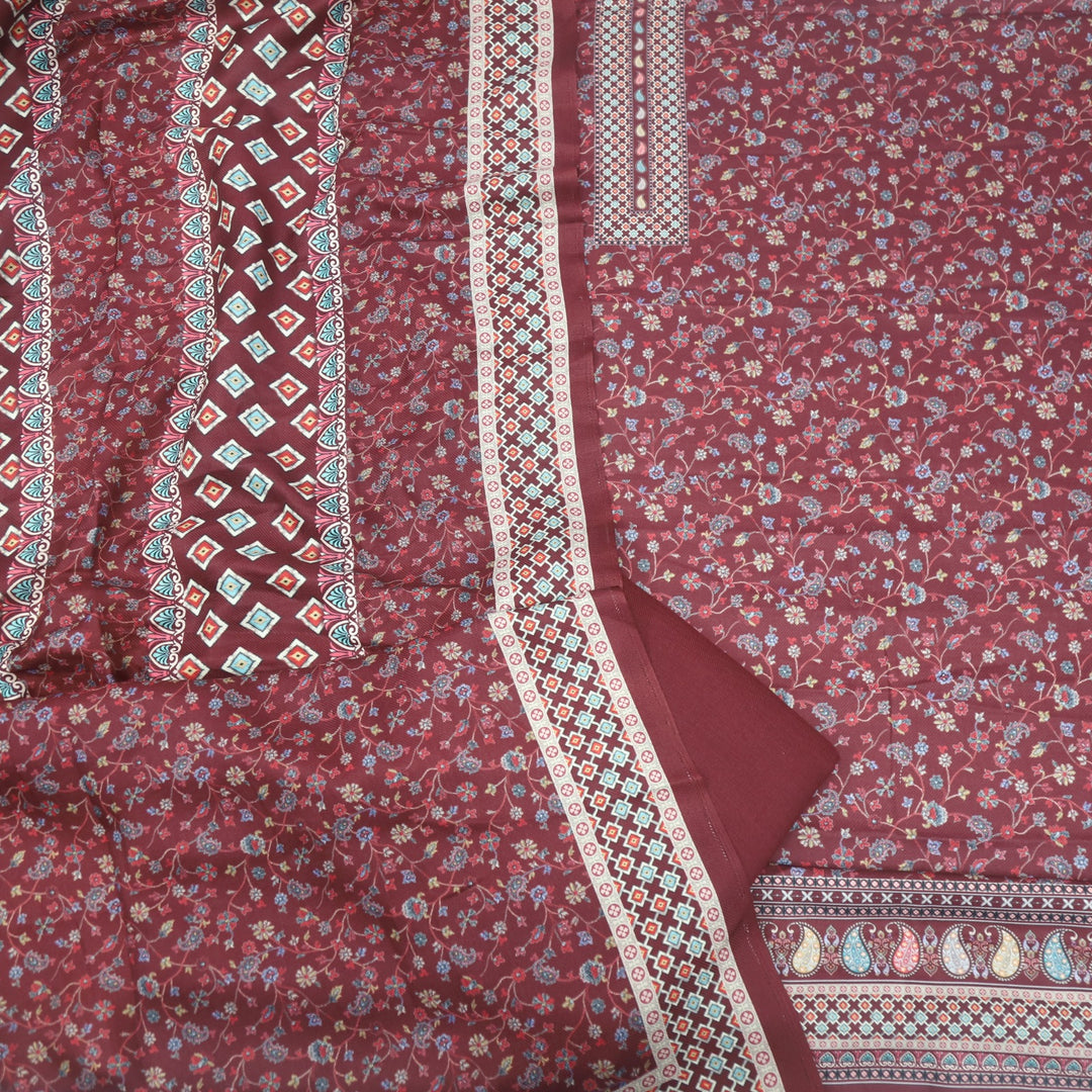 Ruhaan Merlot Red Floral Kanni Printed Semi Pashmina Suit Set