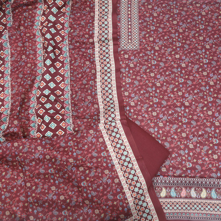 Ruhaan Merlot Red Floral Kanni Printed Semi Pashmina Suit Set