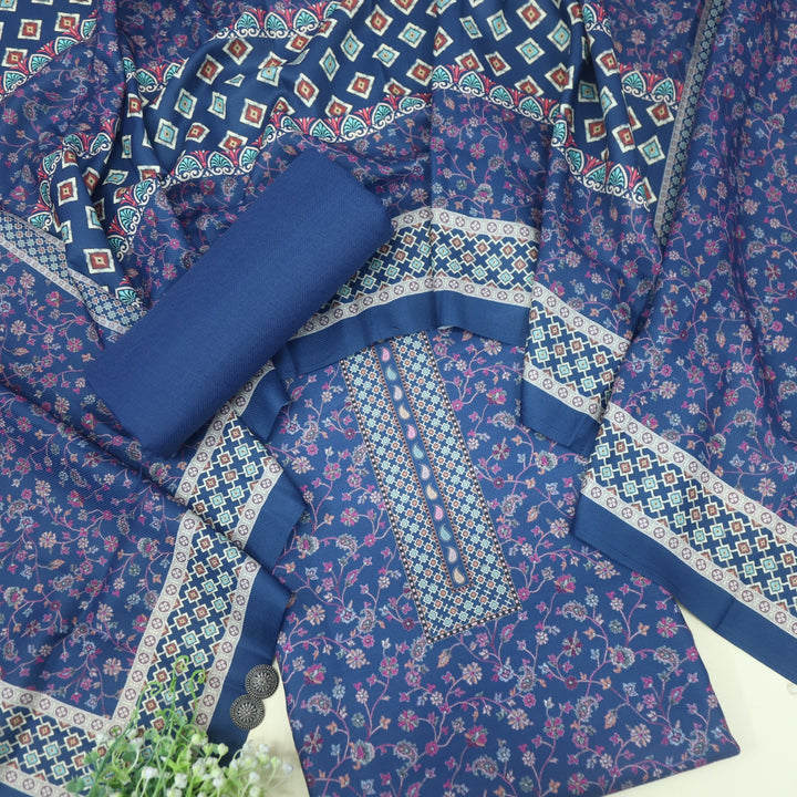 Ruhaan Space Blue Floral Kanni Printed Semi Pashmina Suit Set