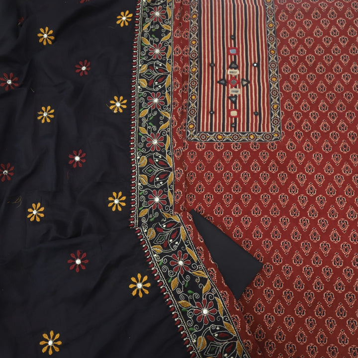 Khairiyat Ruby Red Kutch Work Printed Cotton Suit Set