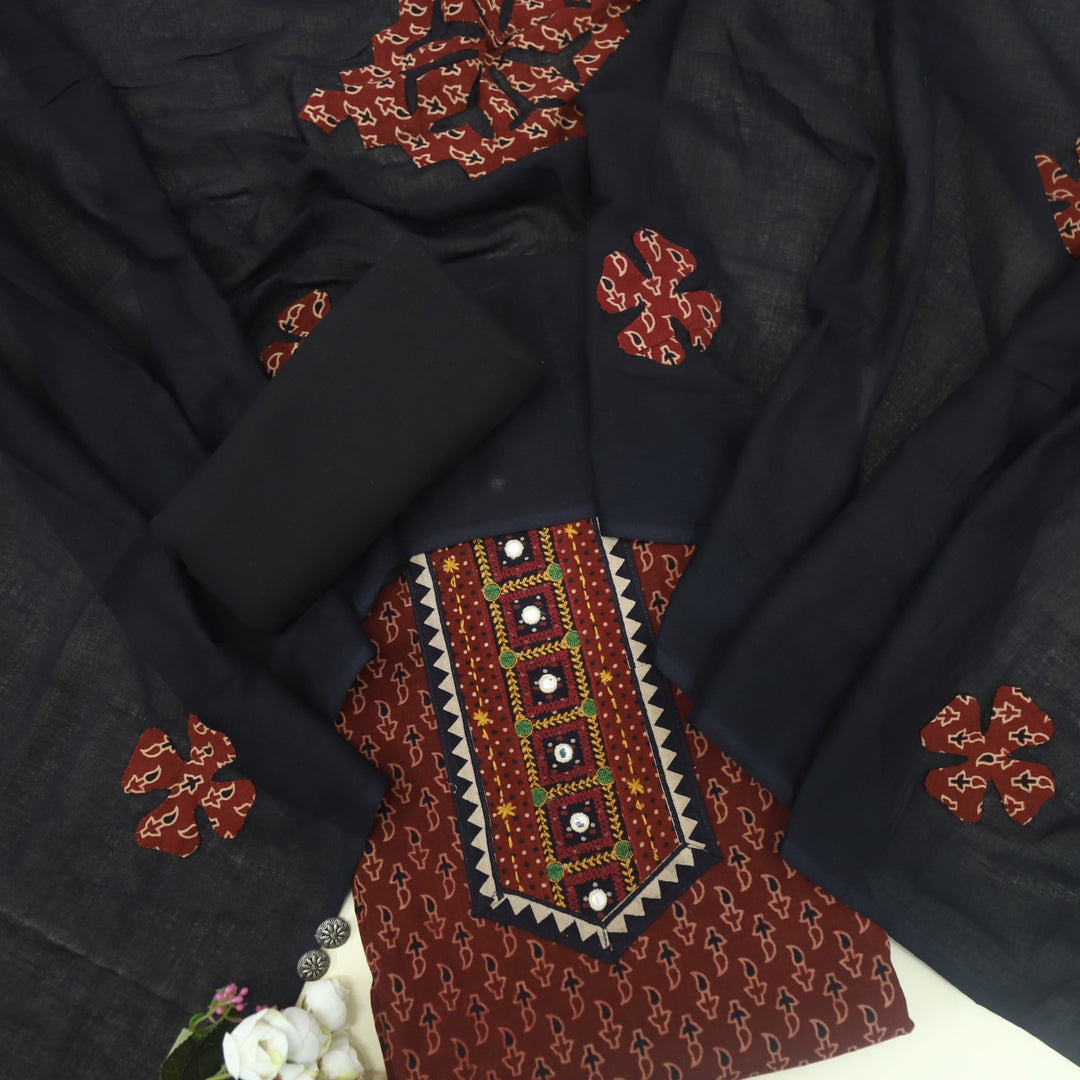 Khairiyat Blood Red Kutch Printed Kutch Work Cotton Suit Set