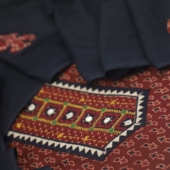 Khairiyat Blood Red Kutch Printed Kutch Work Cotton Suit Set