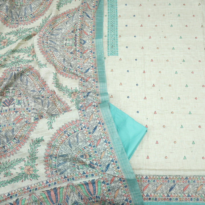 Ruaa Cream with Teal Blue Madhubani Printed Tussar Chanderi Suit Set