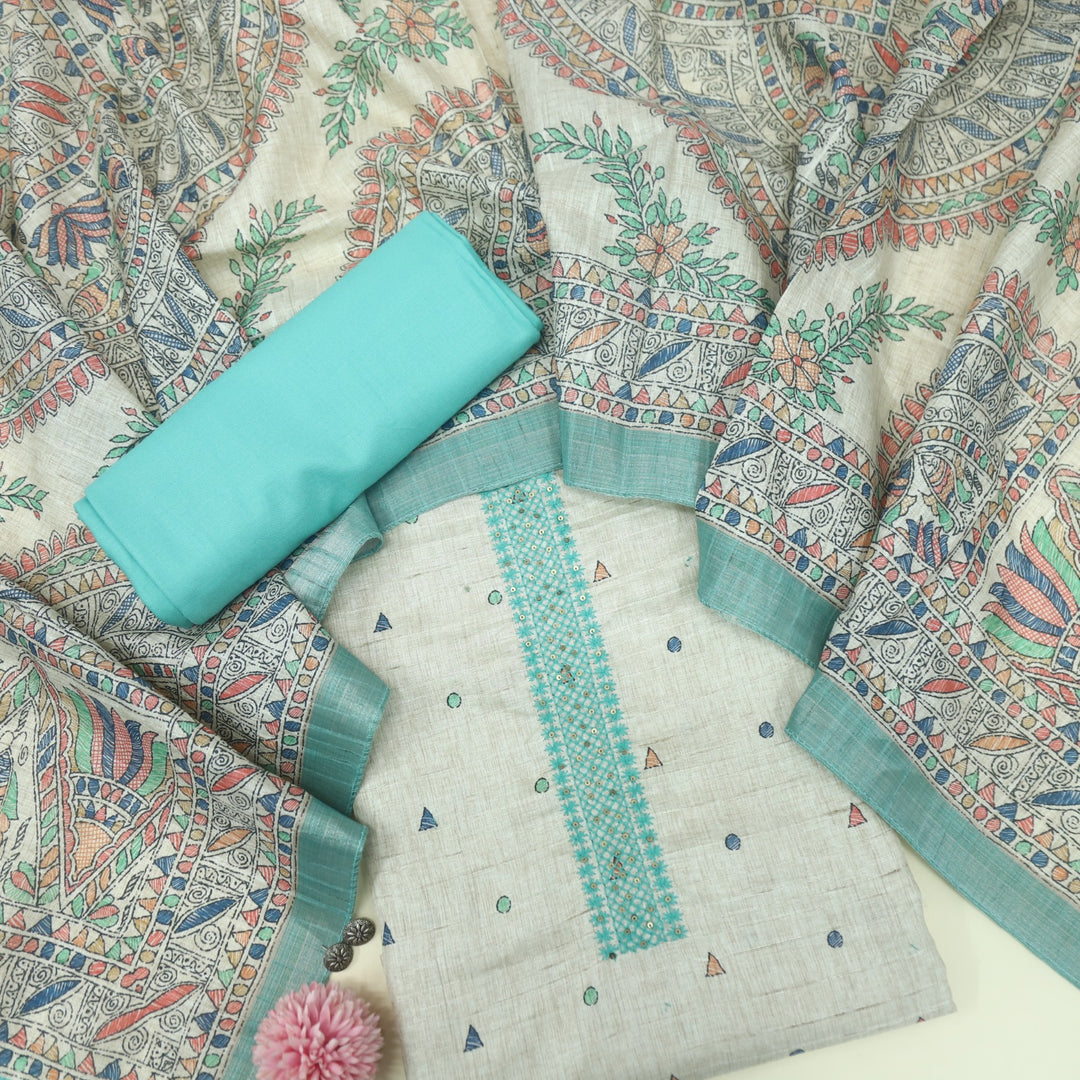 Ruaa Cream with Teal Blue Madhubani Printed Tussar Chanderi Suit Set