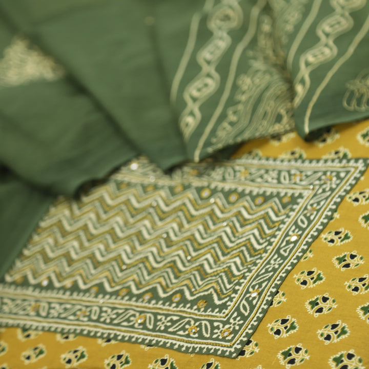Bayhiss Sunglow Yellow Patra Work Ajrak Printed Cotton Suit Set