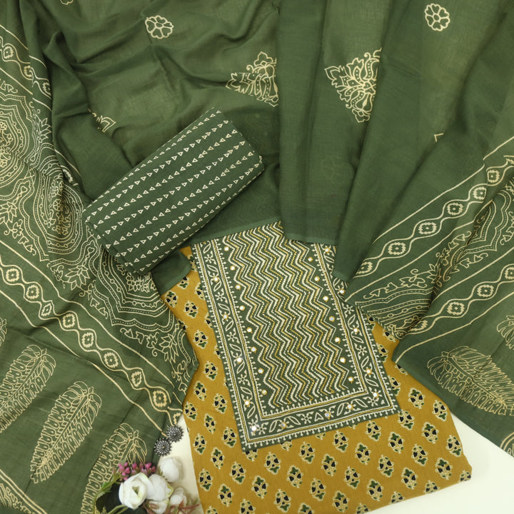 Bayhiss Sunglow Yellow Patra Work Ajrak Printed Cotton Suit Set