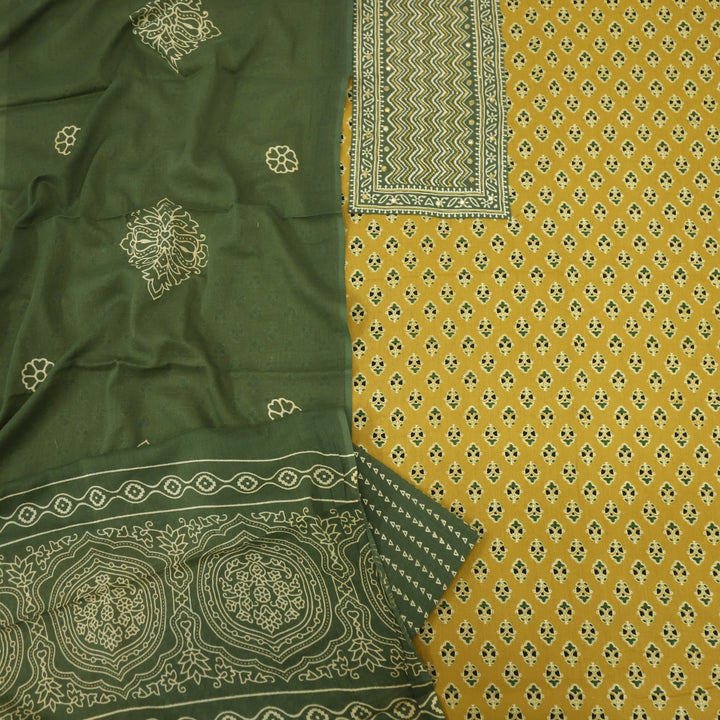 Bayhiss Sunglow Yellow Patra Work Ajrak Printed Cotton Suit Set
