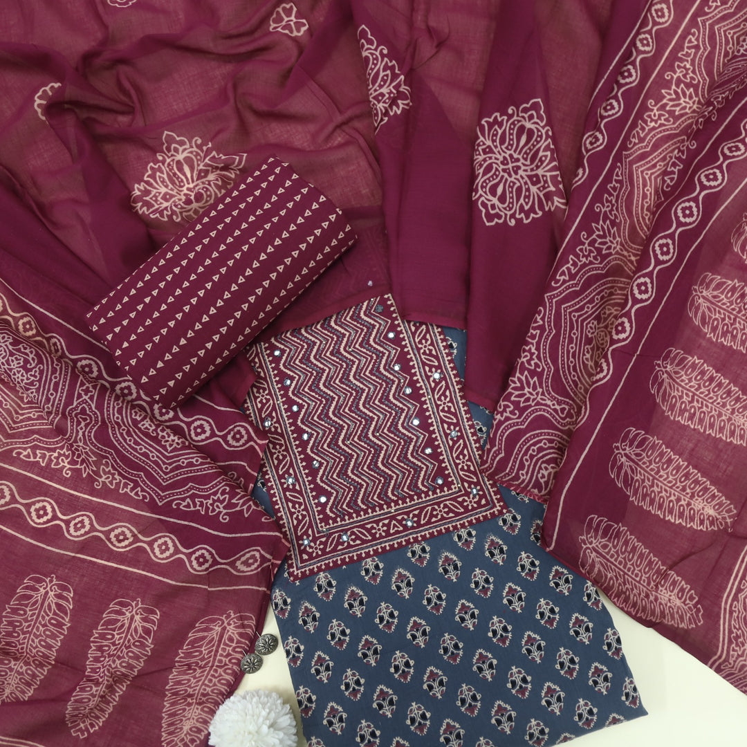Bayhiss Steel Grey Patra Work Ajrak Printed Cotton Suit Set