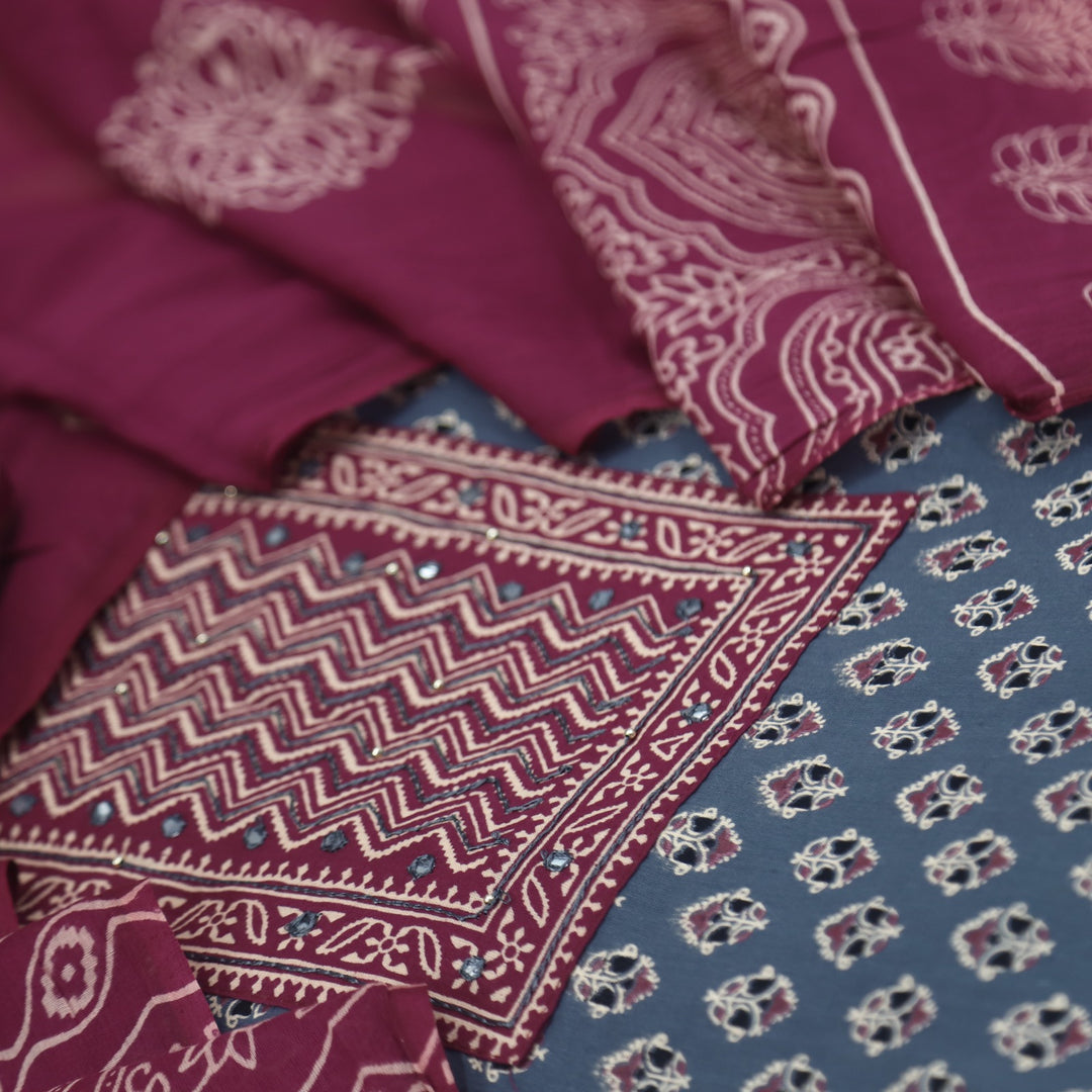 Bayhiss Steel Grey Patra Work Ajrak Printed Cotton Suit Set