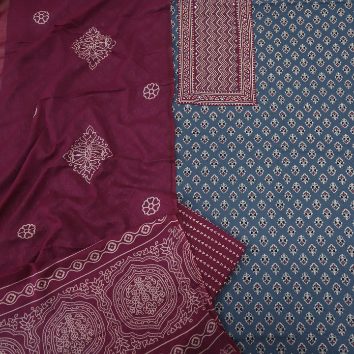 Bayhiss Steel Grey Patra Work Ajrak Printed Cotton Suit Set