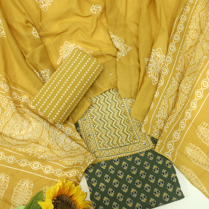 Bayhiss Pickle Green Patra Work Ajrak Printed Cotton Suit Set