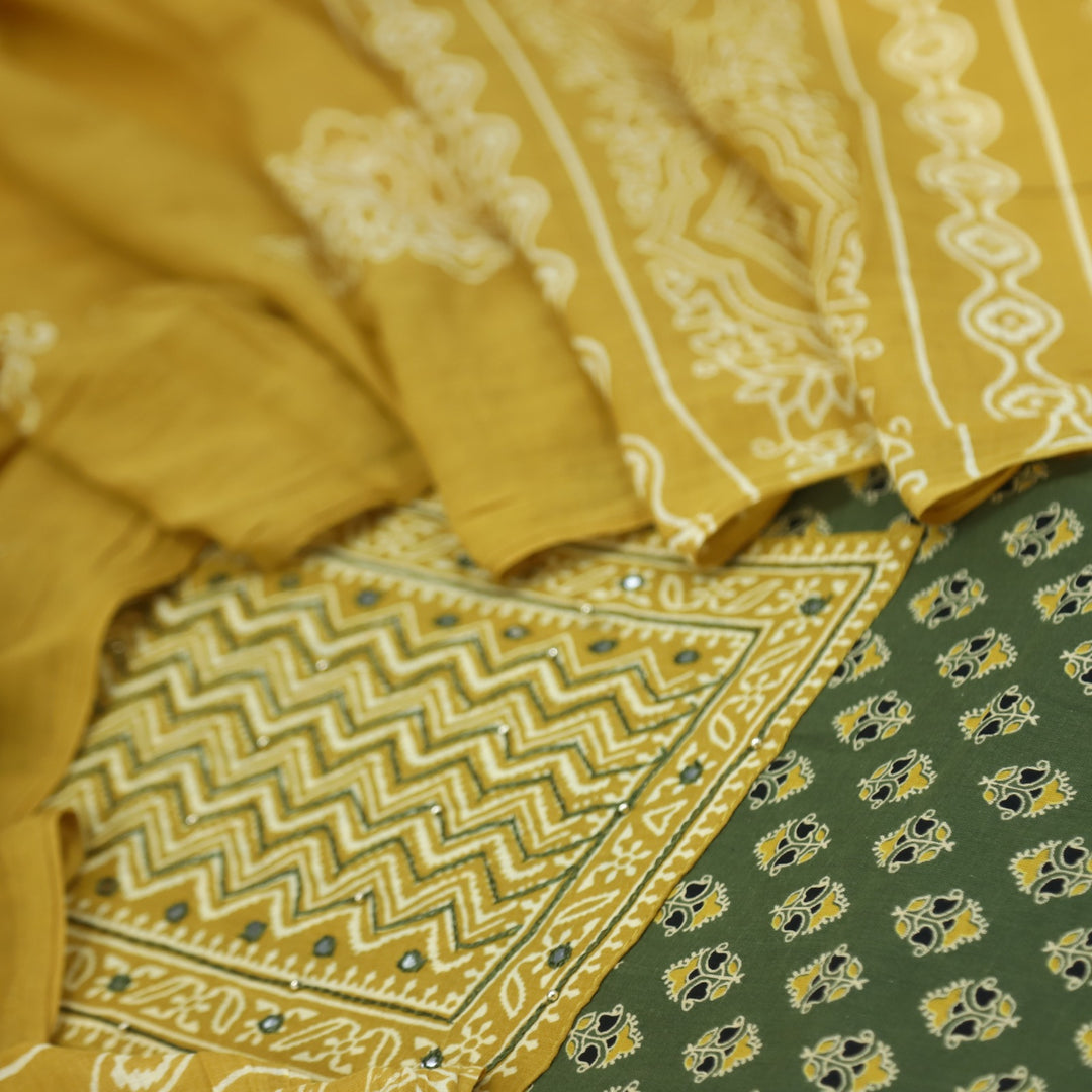 Bayhiss Pickle Green Patra Work Ajrak Printed Cotton Suit Set