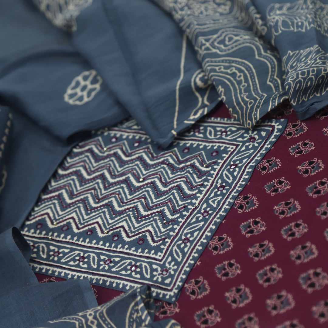 Bayhiss Plum Purple Patra Work Ajrak Printed Cotton Suit Set