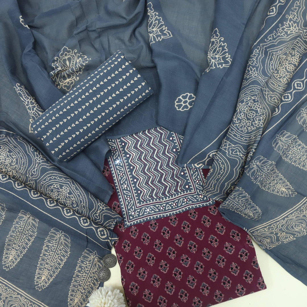 Bayhiss Plum Purple Patra Work Ajrak Printed Cotton Suit Set
