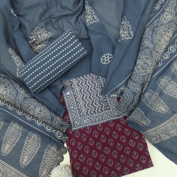 Bayhiss Plum Purple Patra Work Ajrak Printed Cotton Suit Set