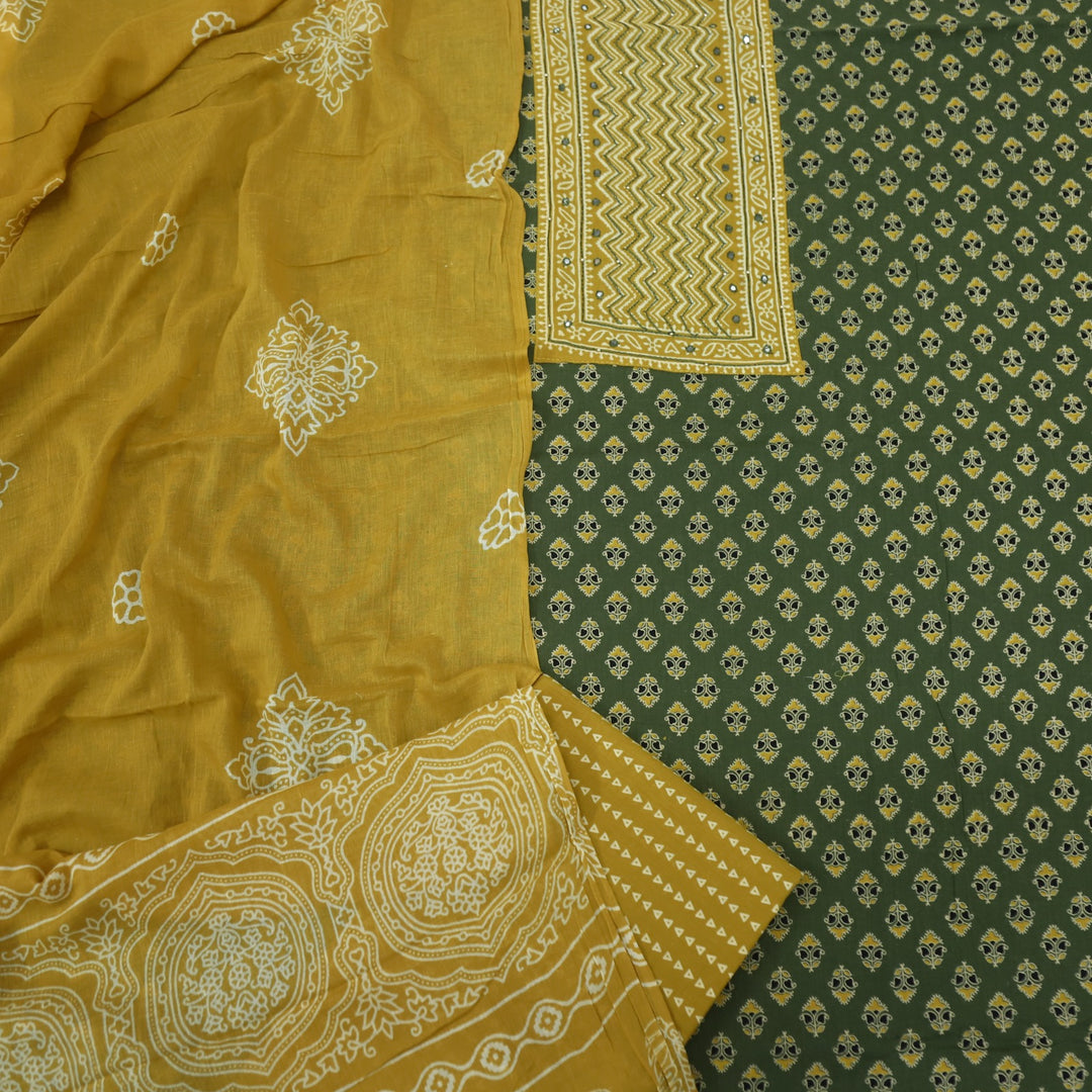 Bayhiss Pickle Green Patra Work Ajrak Printed Cotton Suit Set