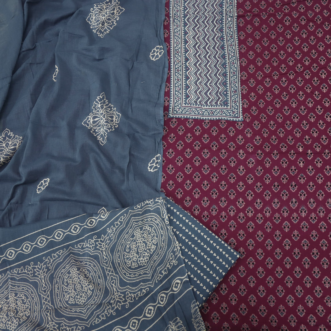 Bayhiss Plum Purple Patra Work Ajrak Printed Cotton Suit Set