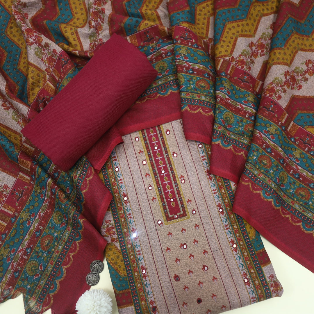Param Sundari Ruby Pink Ajrak Print Semi Pashmina Suit Set
