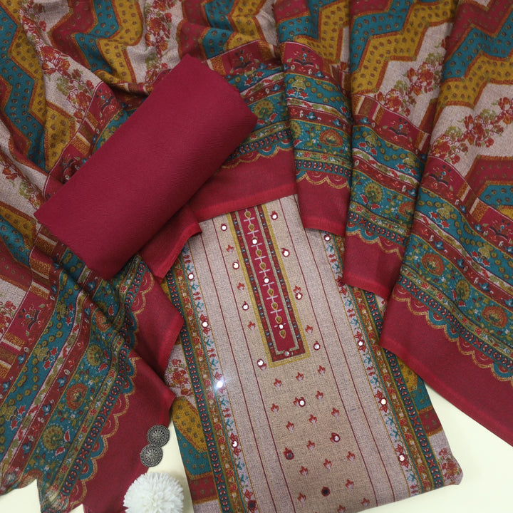 Param Sundari Ruby Pink Ajrak Print Semi Pashmina Suit Set