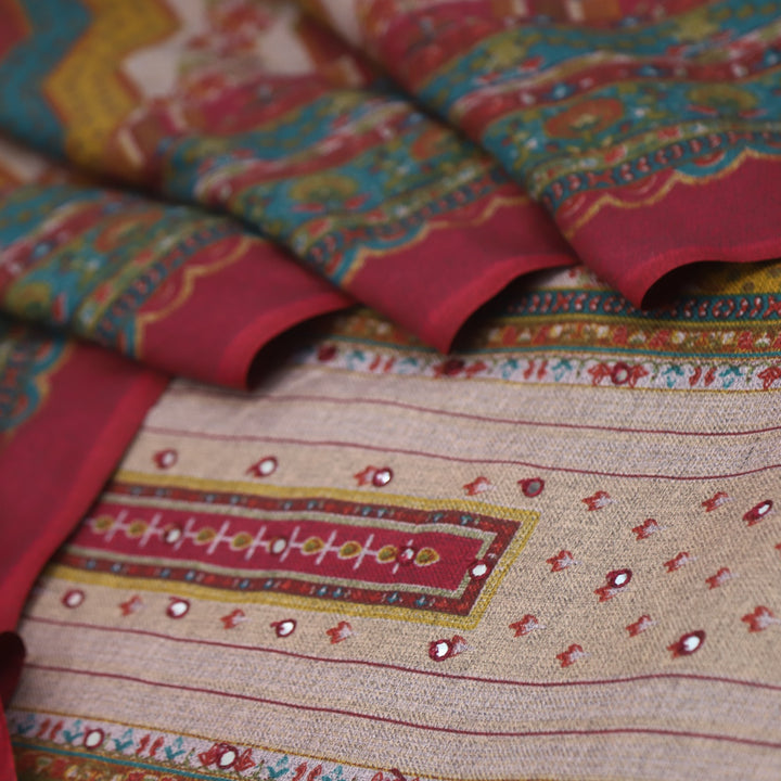 Param Sundari Ruby Pink Ajrak Print Semi Pashmina Suit Set