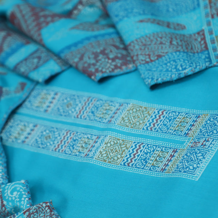 Shokhiyon Turquoise Blue Weaved Semi Pashmina Suit Set