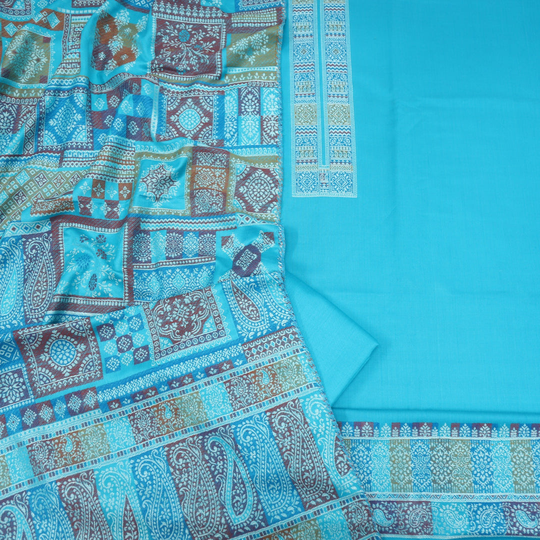 Shokhiyon Turquoise Blue Weaved Semi Pashmina Suit Set