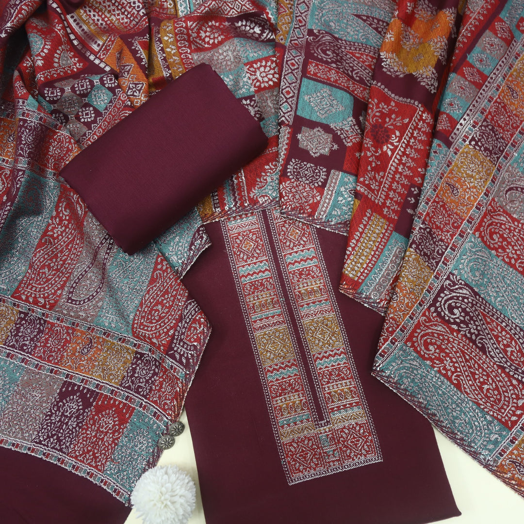 Shokhiyon Rasin Purple Weaved Semi Pashmina Suit Set