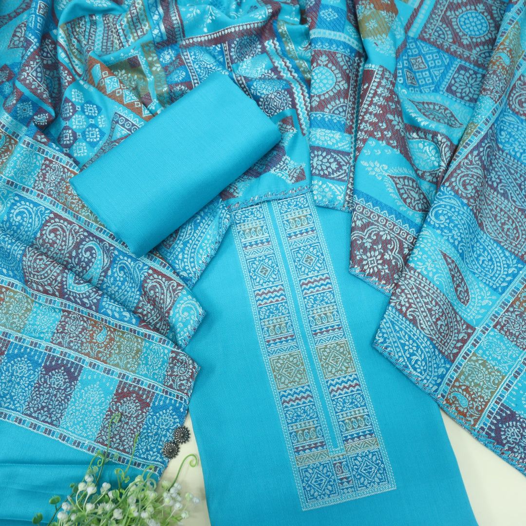 Shokhiyon Turquoise Blue Weaved Semi Pashmina Suit Set