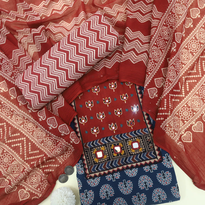 Ruhani Admiral Blue Mirror Work Printed Ajrak Cotton Suit Set