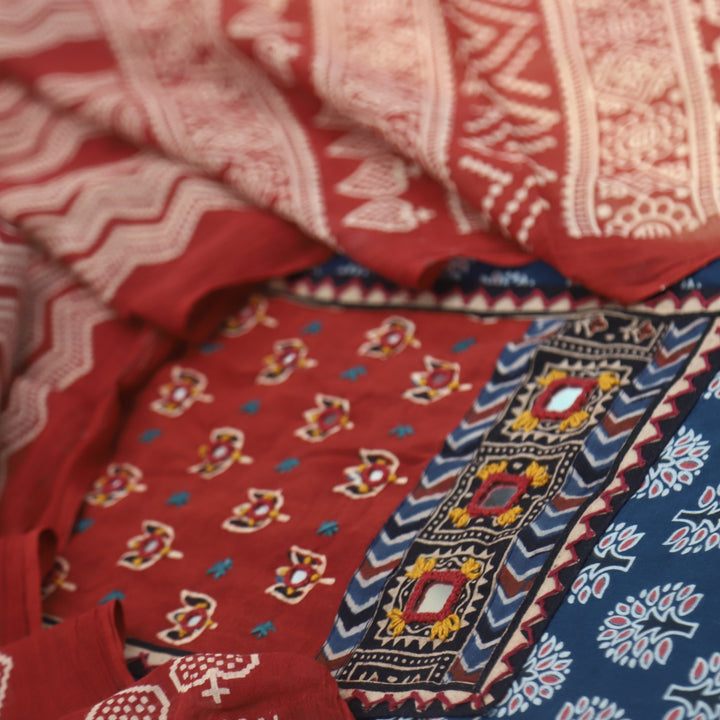 Ruhani Admiral Blue Mirror Work Printed Ajrak Cotton Suit Set