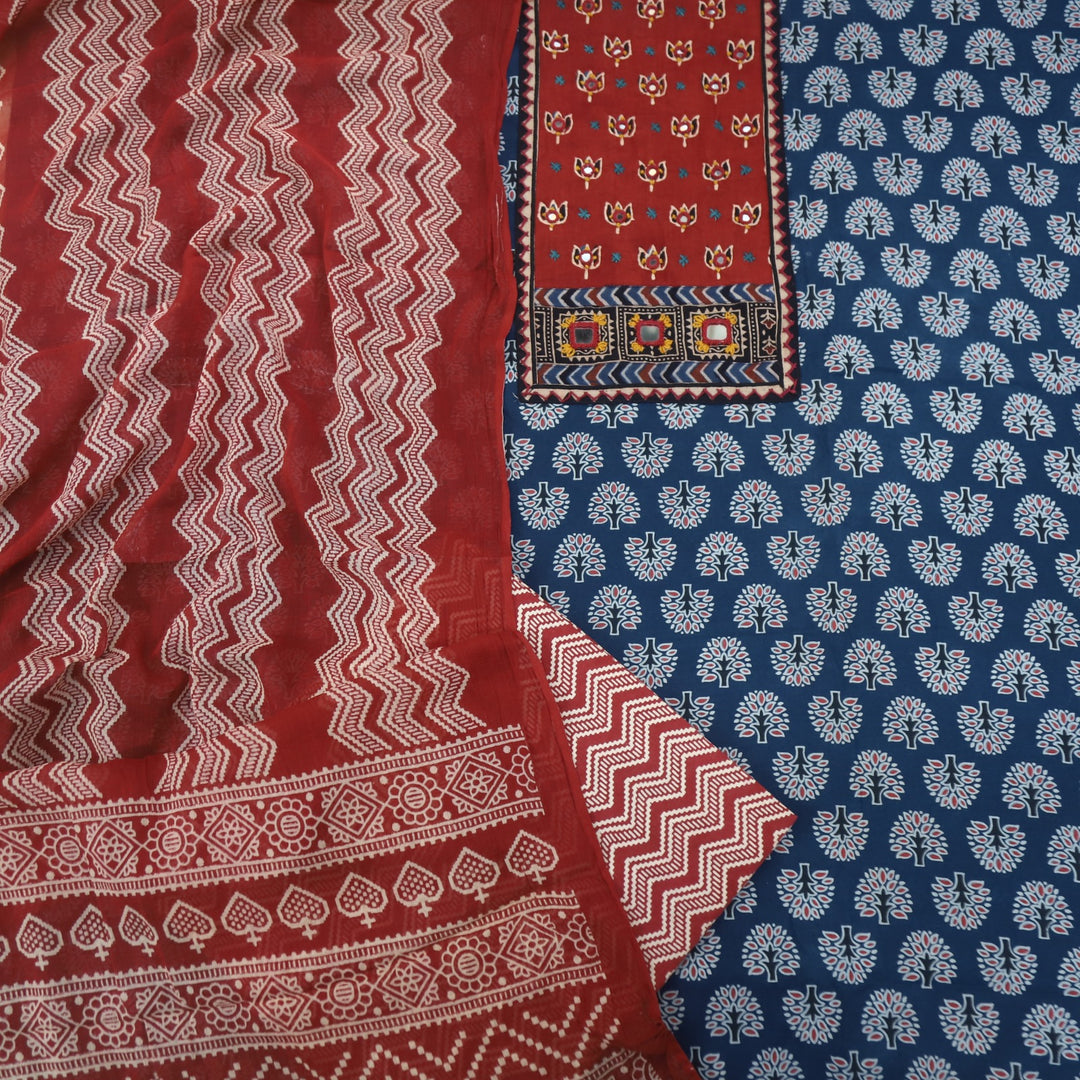 Ruhani Admiral Blue Mirror Work Printed Ajrak Cotton Suit Set